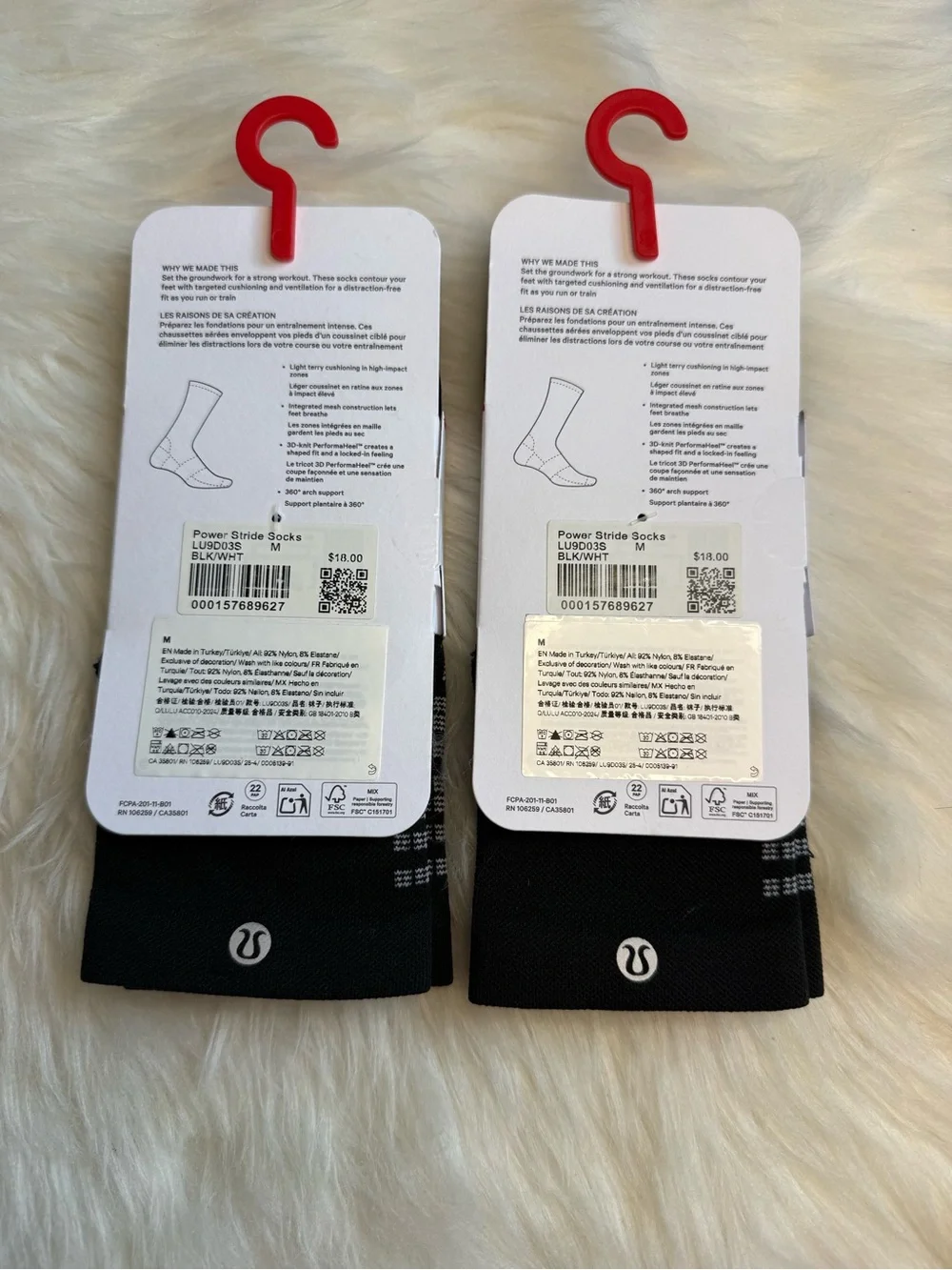 Lululemon Power Stride Crew Socks Bundle Lot 2 Black White Unisex Size M New